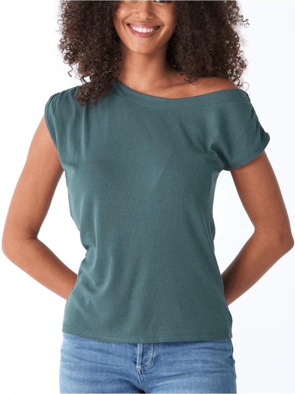 Threads 4 Thought Leoni Off-Shoulder Rib Knit Top Women's Teal Top